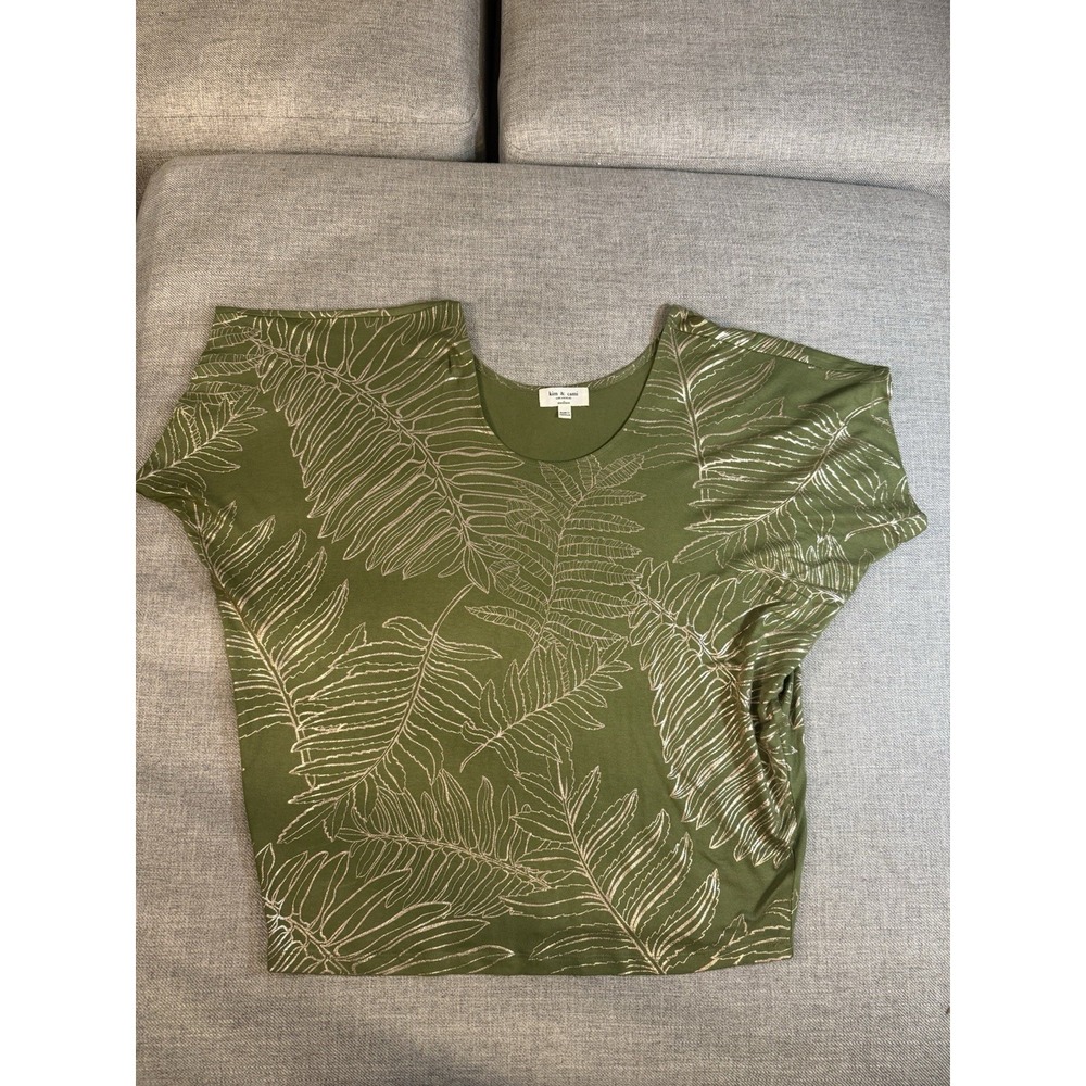 Kim & Cami Womens Medium Green Tropical Leaf Print Dolman Sleeve Top Boho
